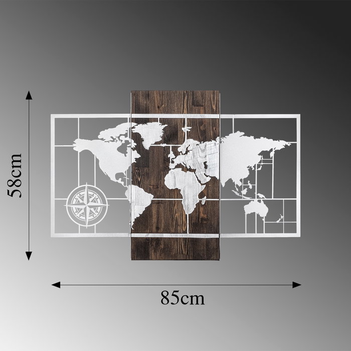 Wallity World Map With Compass - Silver